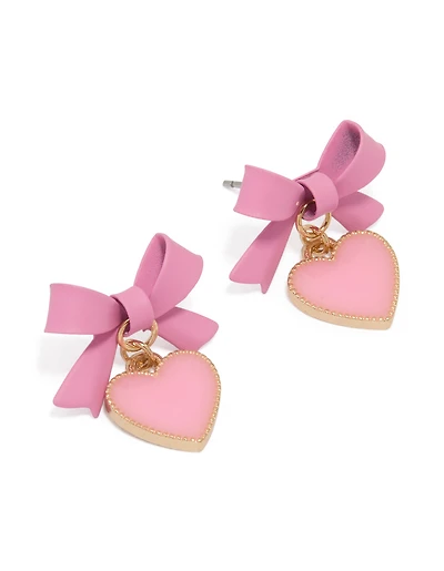 Gold Pink Coated Metal Bow Drop Heart Stud Earrings