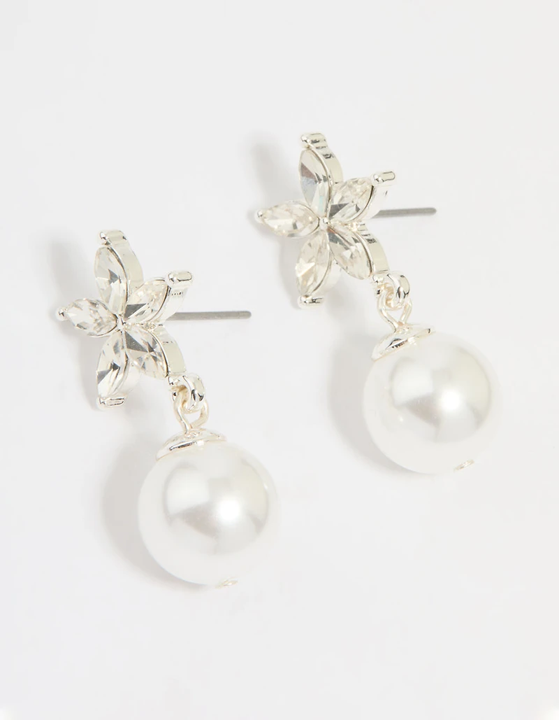 Silver Diamante Pearl Drop Earrings