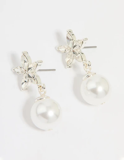 Silver Diamante Pearl Drop Earrings