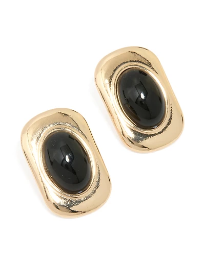 Gold Black Stone Oval Stud Earrings