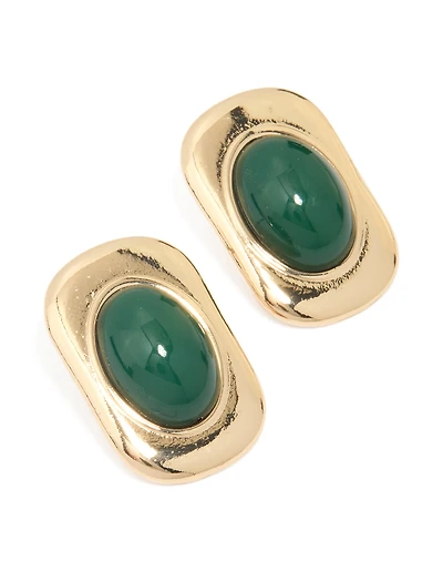 Gold Green Stone Rectangle & Oval Stud Earrings
