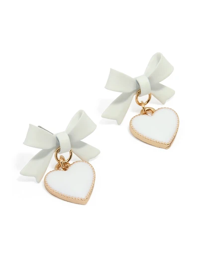 Gold White Coated Metal Bow Drop Heart Stud Earrings