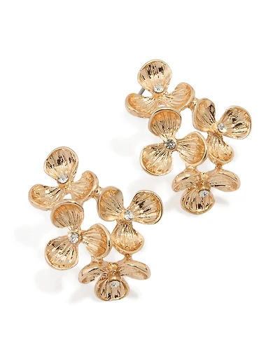 Gold Diamante Textured Flower Stud Earrings