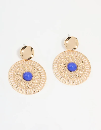 Gold Filigree & Blue Marble Center Drop Earrings