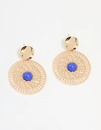 Gold Filigree & Blue Marble Center Drop Earrings