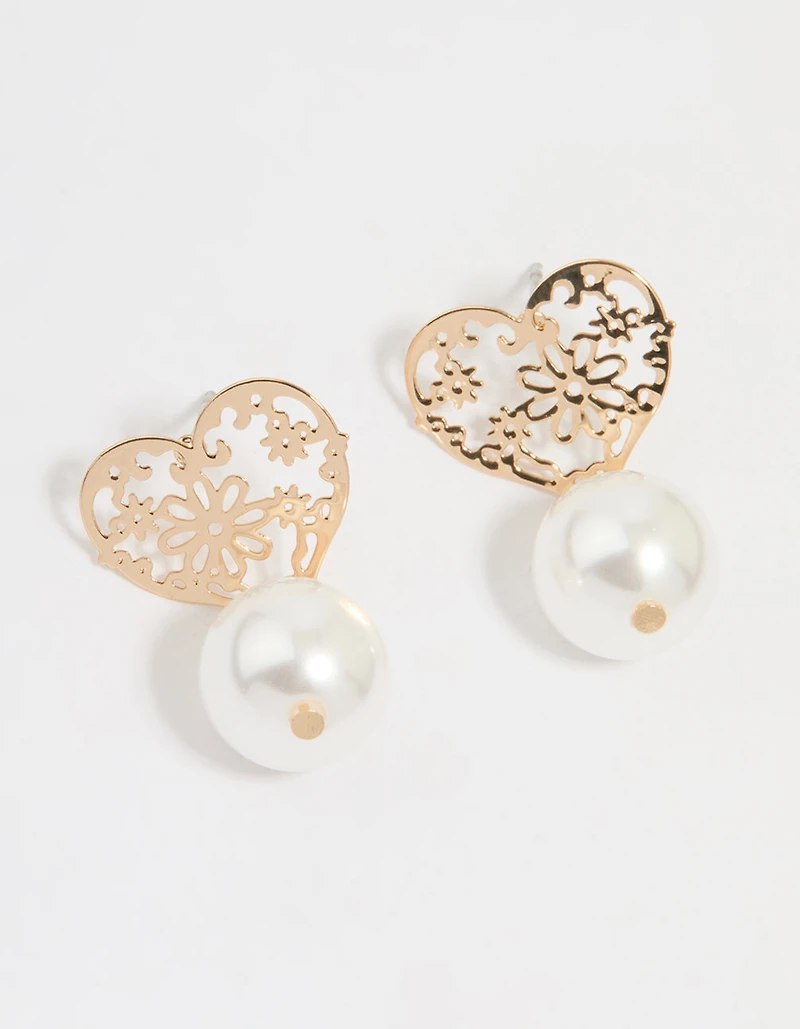 Gold Pearl Textured Heart Drop Earrings