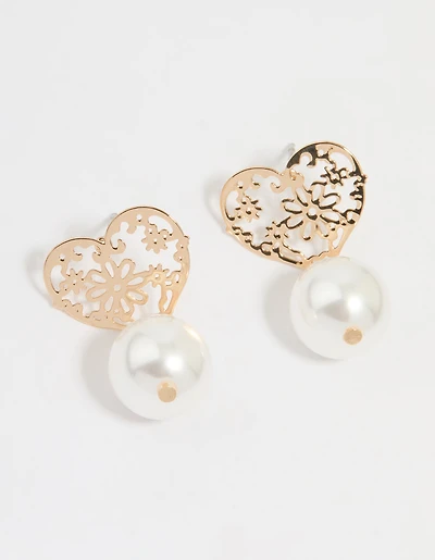 Gold Pearl Textured Heart Drop Earrings