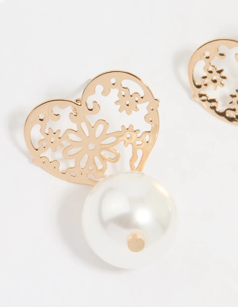 Gold Pearl Textured Heart Drop Earrings