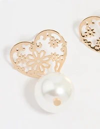 Gold Pearl Textured Heart Drop Earrings