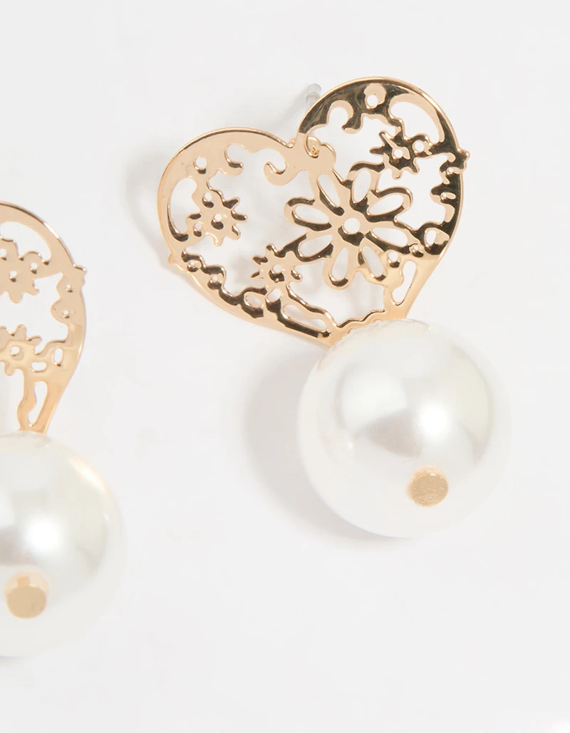 Gold Pearl Textured Heart Drop Earrings