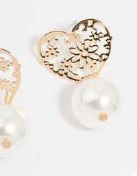 Gold Pearl Textured Heart Drop Earrings
