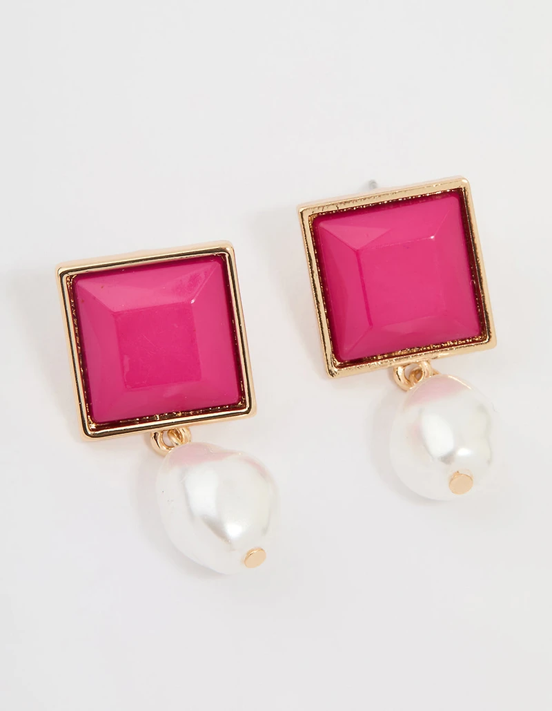 Gold Pearl & Hot Pink Square Drop Earrings