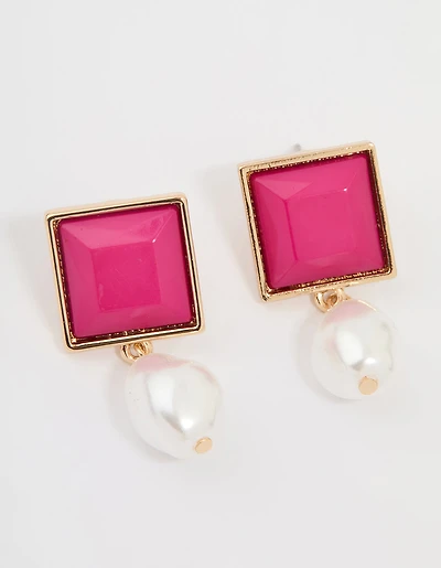 Gold Pearl & Hot Pink Square Drop Earrings