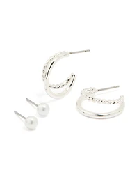 Silver Pearl Stud & Twisted Double Hoop Earrings 2-Pack