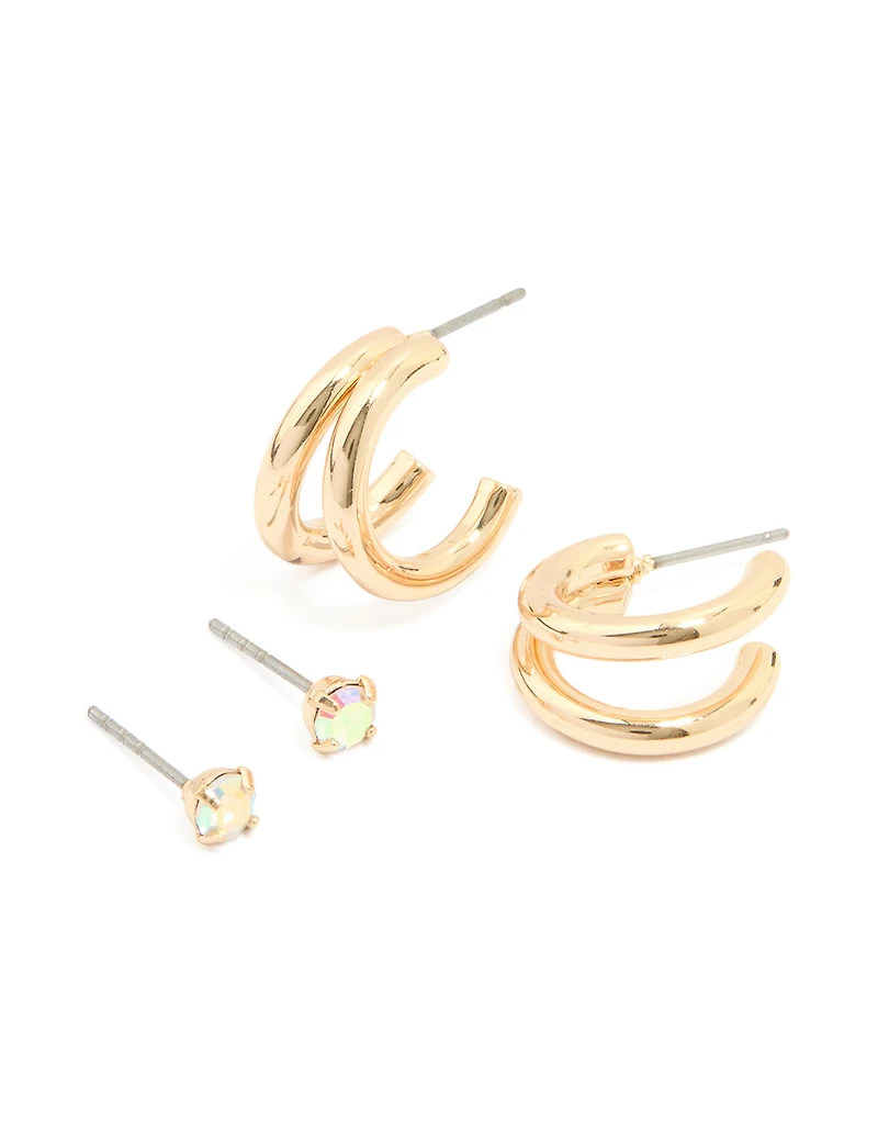 Gold Vertical Hoop & Stud Earrings 2-Pack