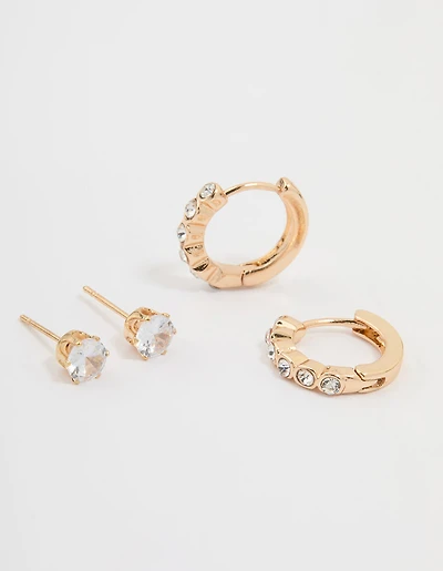 Gold Diamante Hoop & Classic Stud Earrings 2-Pack