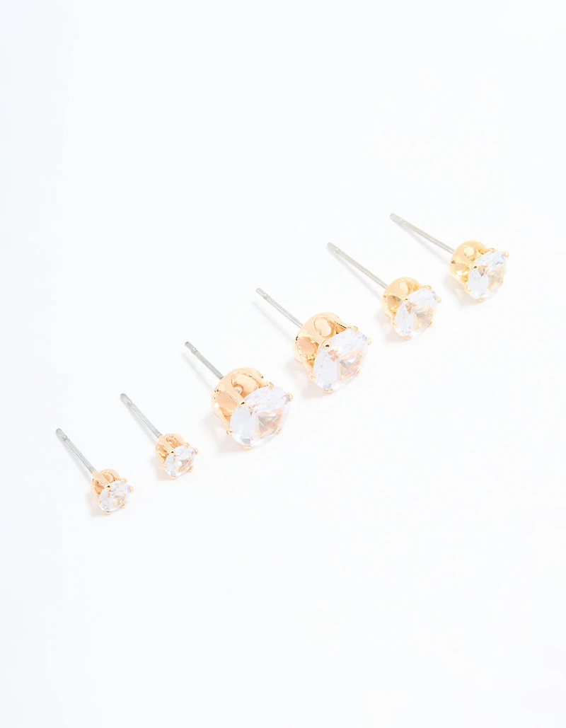 Gold Diamante Graduating Size Stud Earrings 3-Pack