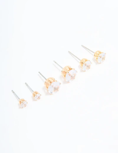 Gold Diamante Graduating Size Stud Earrings 3-Pack