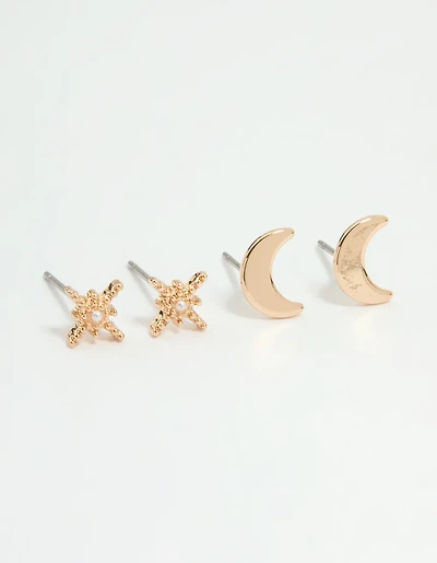 Gold Pearl Celestial Stud Earrings 2-Pack