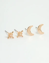 Gold Pearl Celestial Stud Earrings 2-Pack