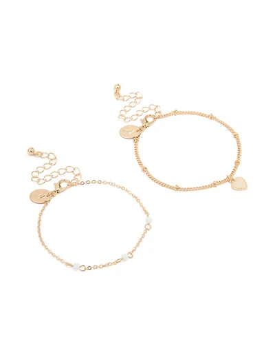 Gold White Stone & Heart Charm Bracelets 2-Pack