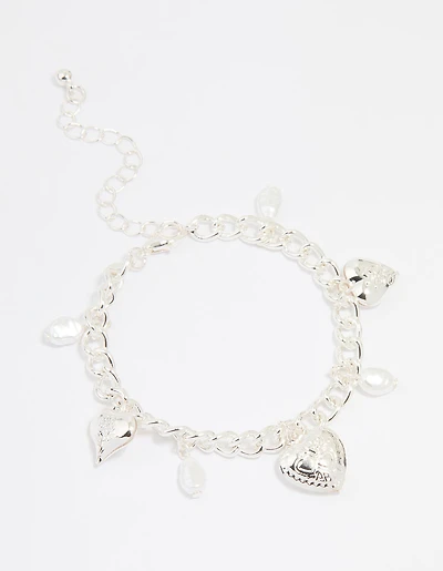 Silver Pearl Heart Charm Bracelet