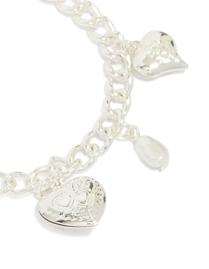 Silver Pearl Heart Charm Bracelet