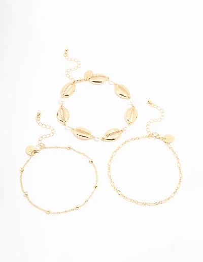 Gold Cowry Shell & Dainty Anklets 3-Pack