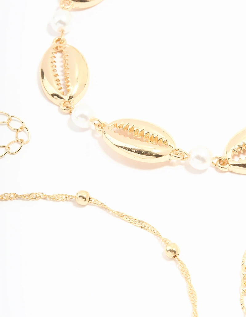 Gold Cowry Shell & Dainty Anklets 3-Pack