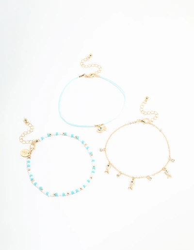 Gold Diamante Fish & Blue Beaded Anklets 3-Pack