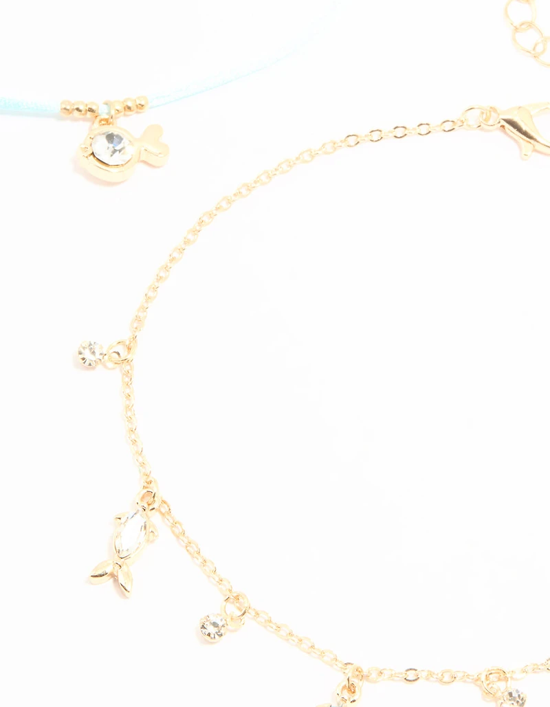 Gold Diamante Fish & Blue Beaded Anklets 3-Pack