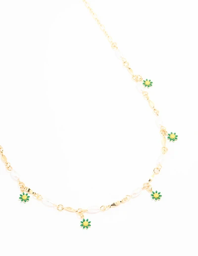 Gold Pearl & Green Flowers Waist Chain