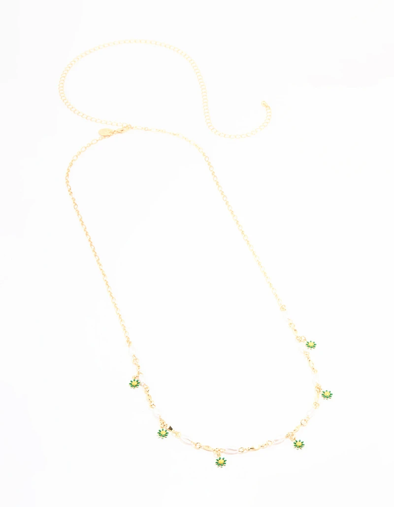 Gold Pearl & Green Flowers Waist Chain