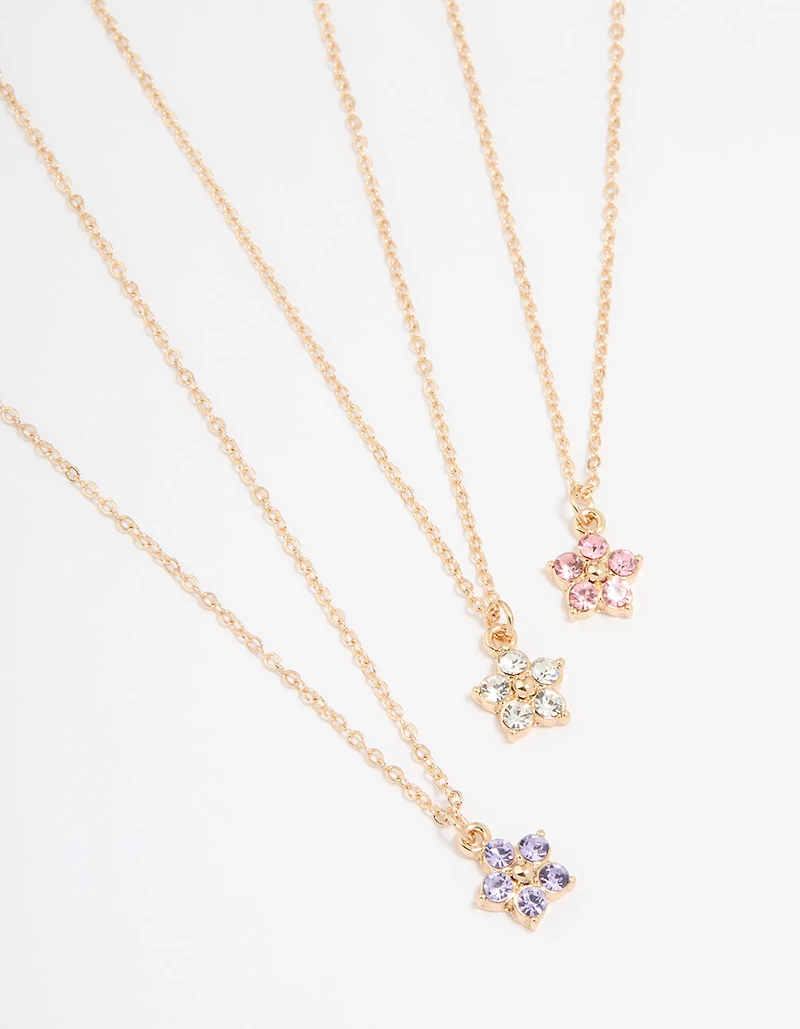 Gold Diamante Flower Necklaces 3-Pack