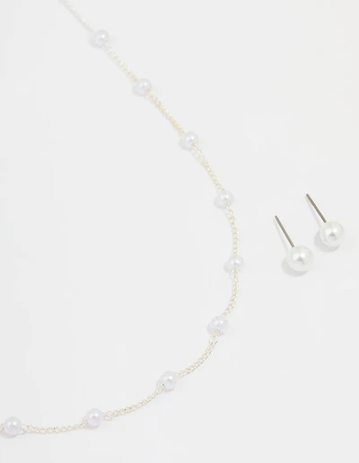 Silver Pearl Necklace & Earrings Set