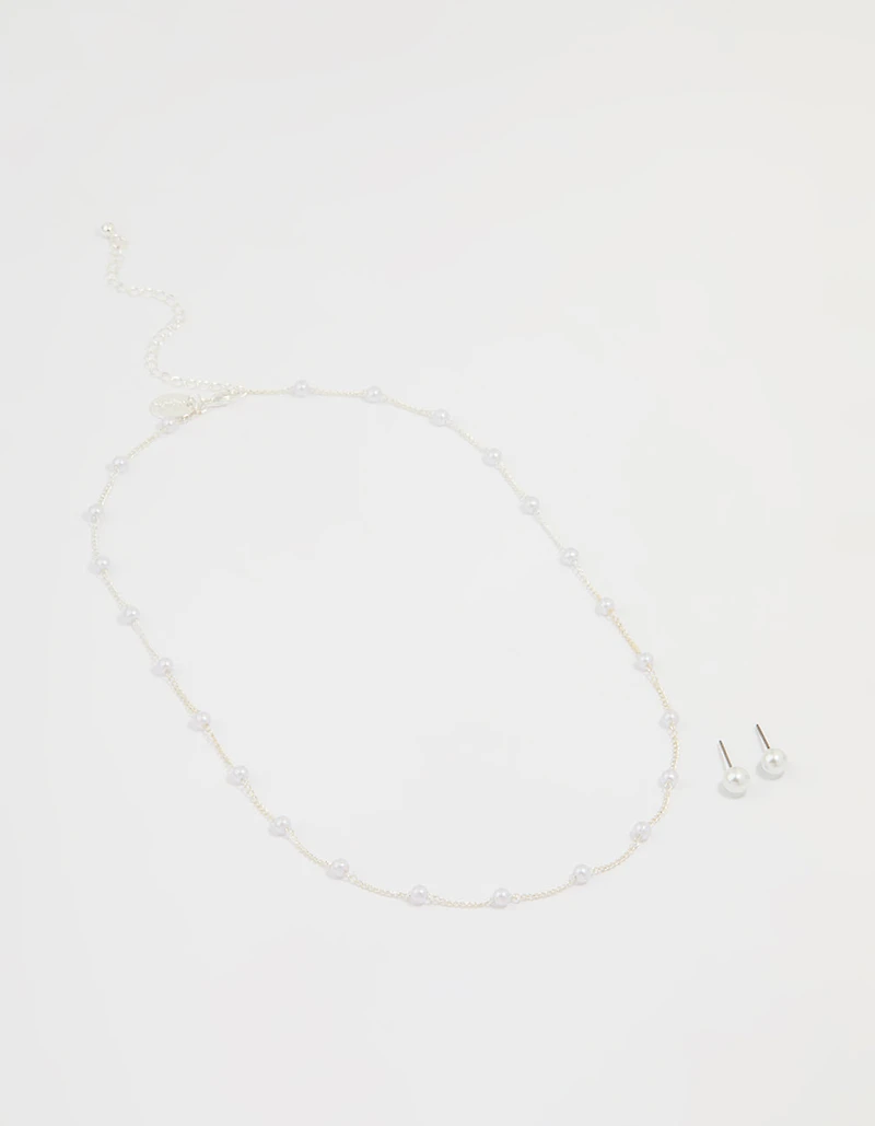 Silver Pearl Necklace & Earrings Set