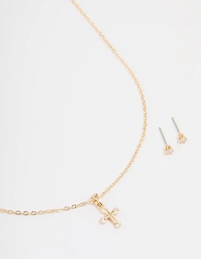 Gold Cubic Zirconia Cross Necklace & Earrings Set
