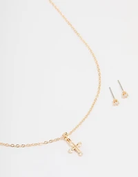 Gold Cubic Zirconia Cross Necklace & Earrings Set