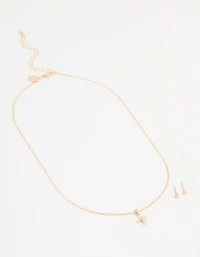 Gold Cubic Zirconia Cross Necklace & Earrings Set