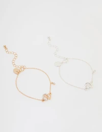 Mixed Metal Diamante Heart Link Bracelets 2-Pack