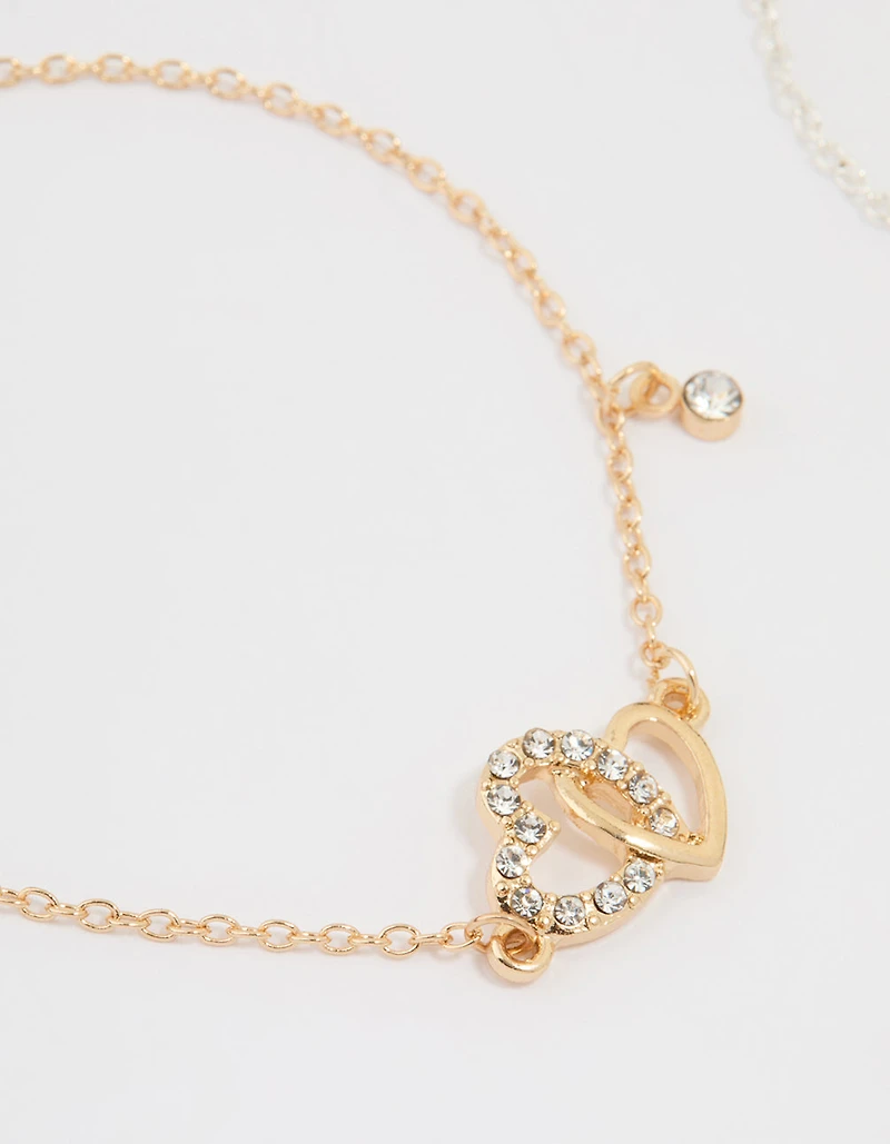 Mixed Metal Diamante Heart Link Bracelets 2-Pack