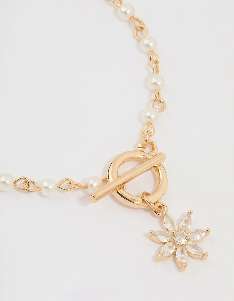 Gold Pearl Cubic Zirconia Flower T&O Bracelet