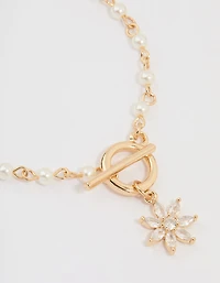 Gold Pearl Cubic Zirconia Flower T&O Bracelet