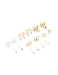 Gold Pearl & Diamante Stud Earrings 8-Pack