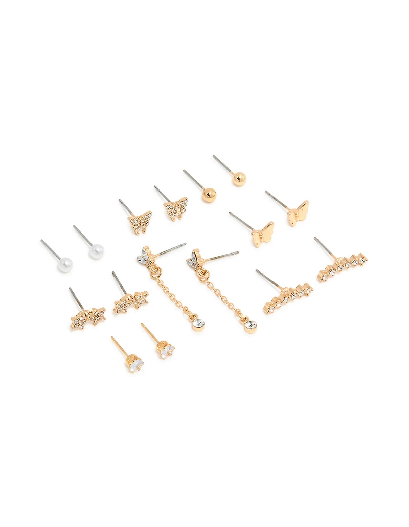 Gold Pearl & Butterfly Chain Star Earrings 8-Pack