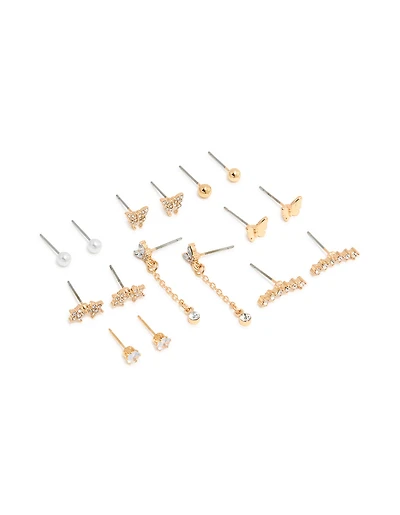 Gold Pearl & Butterfly Chain Star Earrings 8-Pack
