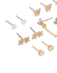 Gold Pearl & Butterfly Chain Star Earrings 8-Pack