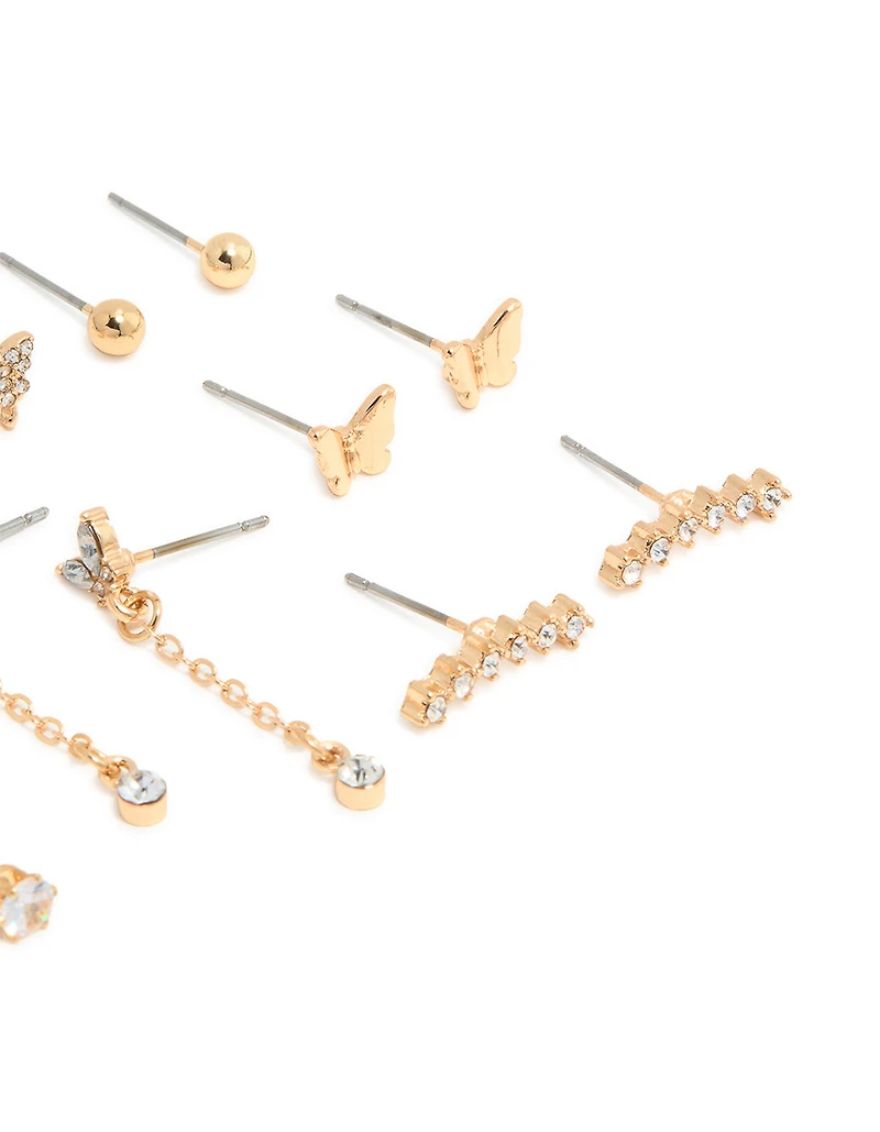 Gold Pearl & Butterfly Chain Star Earrings 8-Pack
