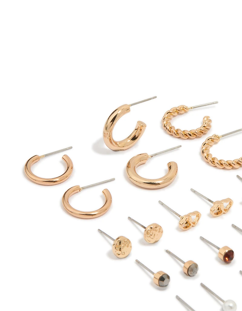 Gold Twisted Hoop & Classic Stud Earrings 12-Pack