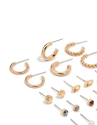 Gold Twisted Hoop & Classic Stud Earrings 12-Pack